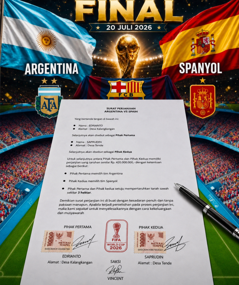 Surat penyataan taruhan jelang Final Piala Dunia 2026, Argentina VS Spanyol, Senin (20/7/2026) Dini hari, PKL 03.00 WIB.
