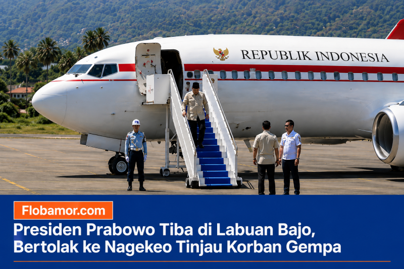 Presiden Republik Indonesia Prabowo Subianto turun dari pesawat kepresidenan setibanya di Bandara Internasional Komodo, Labuan Bajo, Kabupaten Manggarai Barat, NTT, Rabu (26/8/2026). Presiden selanjutnya bertolak menuju Kabupaten Nagekeo untuk meninjau kondisi masyarakat terdampak gempa. (Foto:Doc. Flobamor.com)