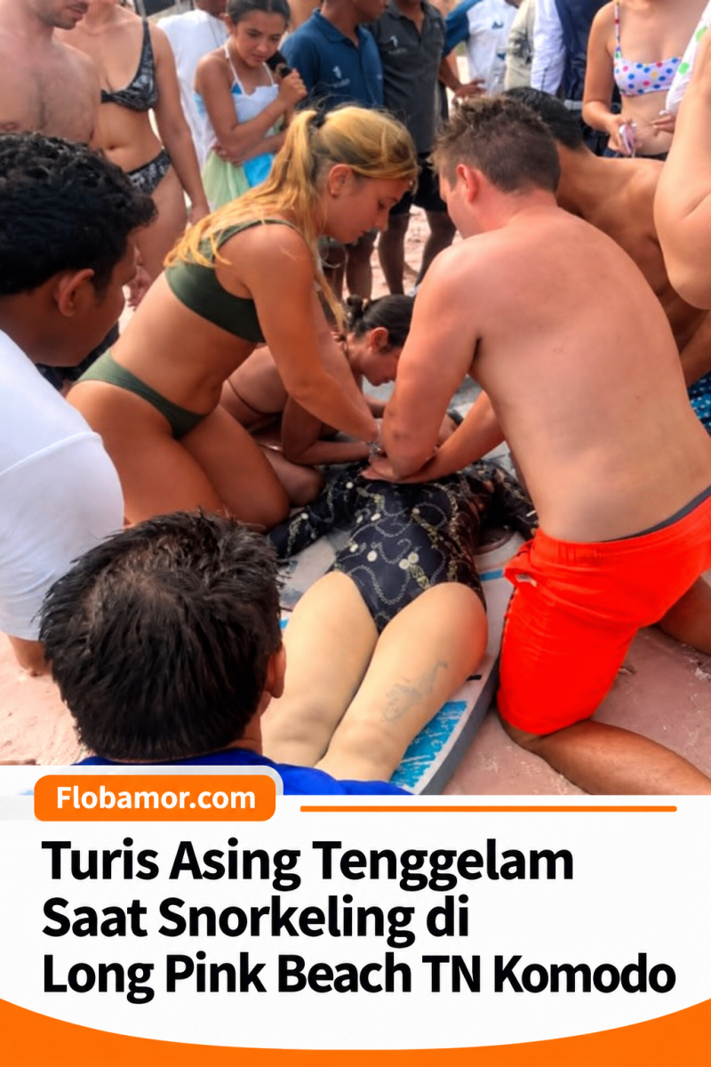 Upaya resusitasi jantung paru (RJP)
saat seorang turis asing mengalami kondisi darurat setelah tenggelam di Long Pink Beach, Labuan Bajo, Selasa (25/8/2026). (Foto:Doc. Flobamor.com)